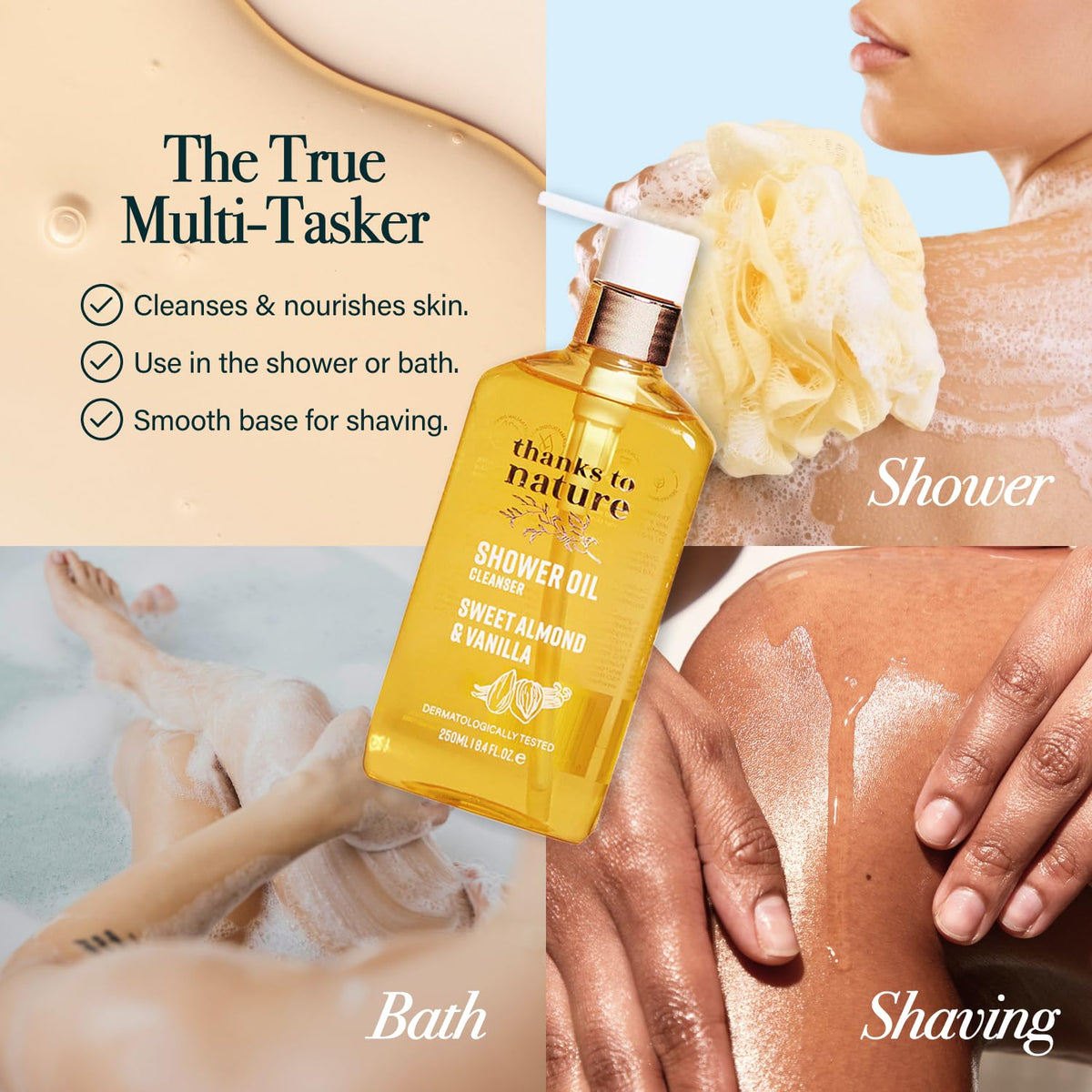 Thanks to Nature sweet almond oil and vanilla scented body wash