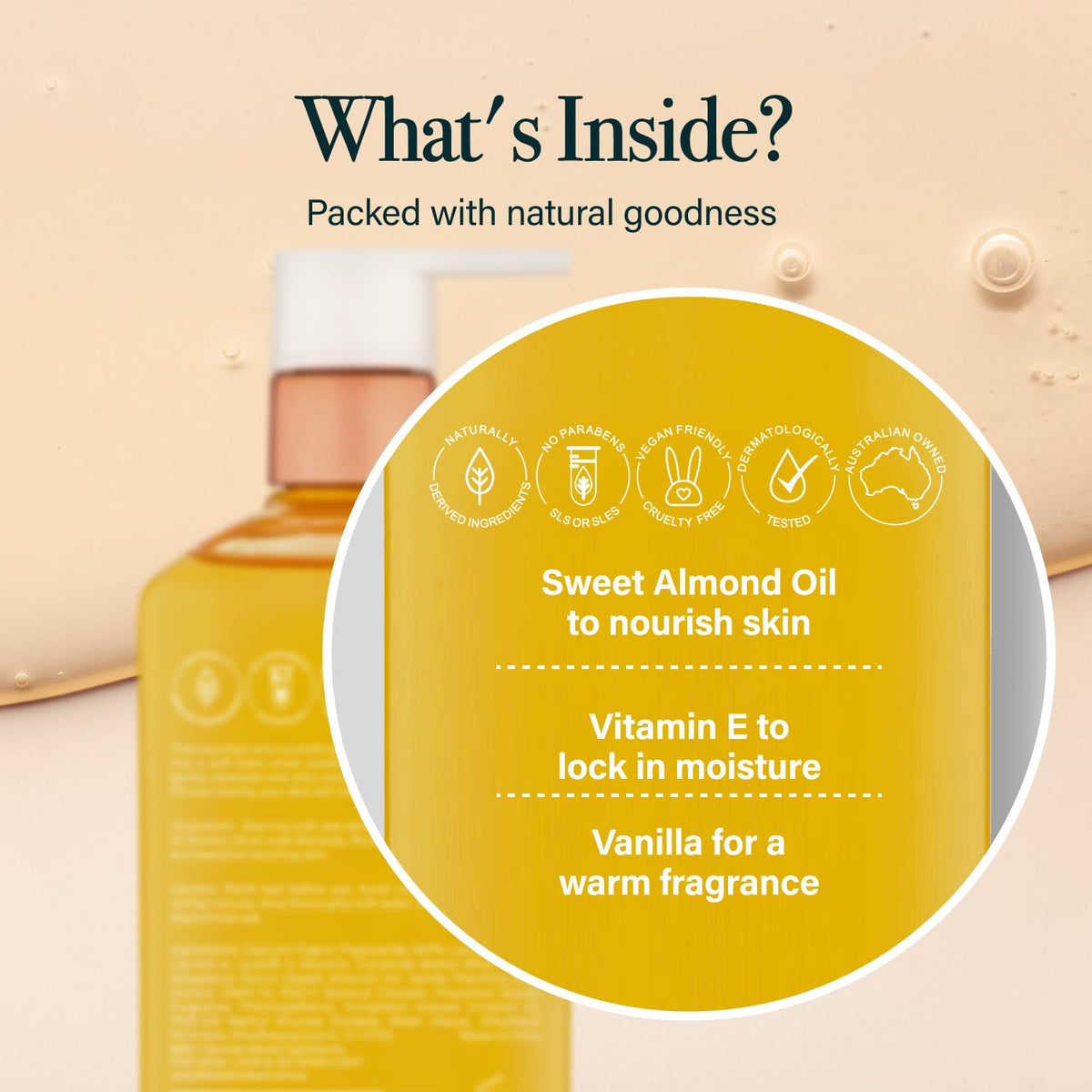 Dermatologically tested luxury shower oil showing product packaging details