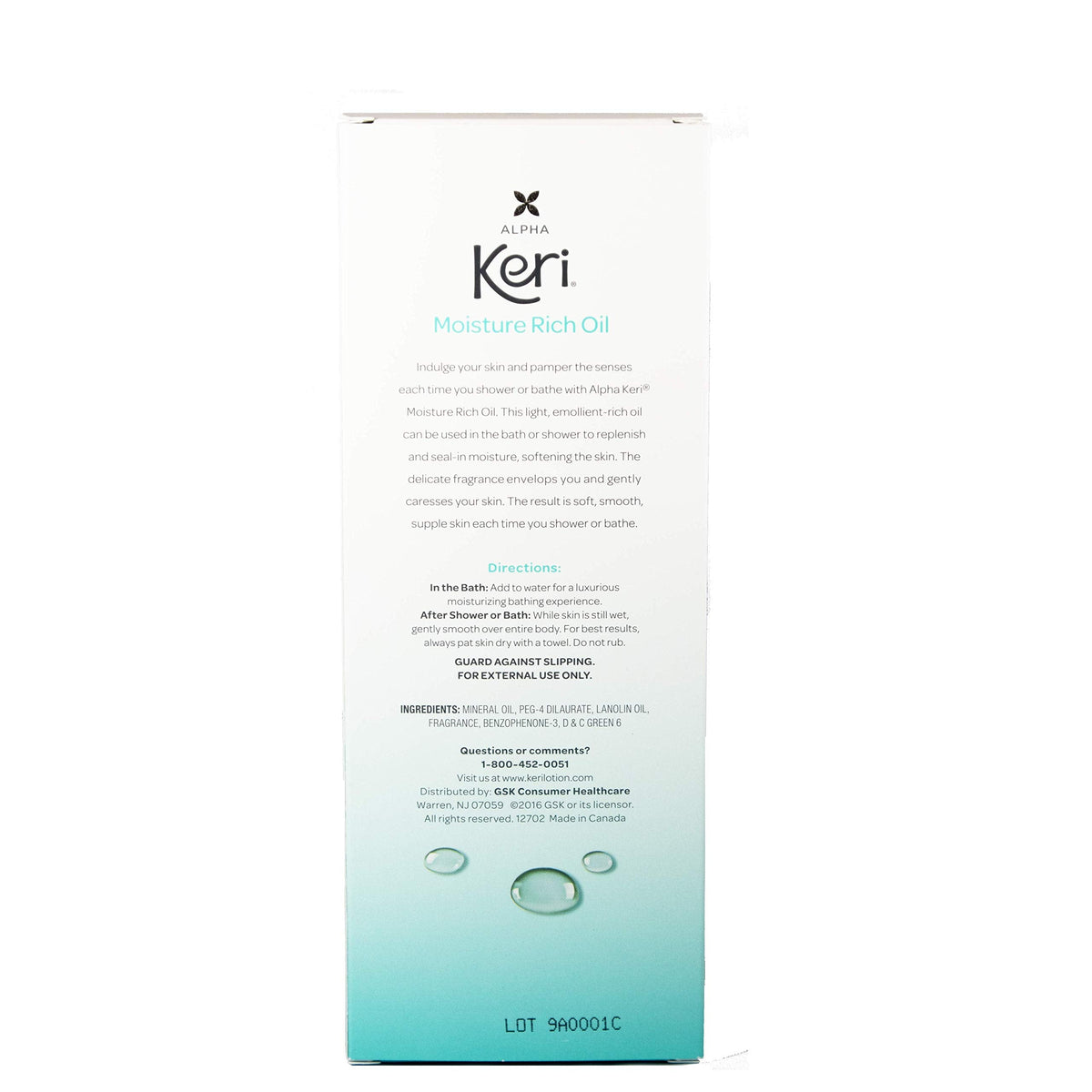 Back label of Keri Rich Moisture Oil displaying full ingredient list and step by step directions for bath and shower use.