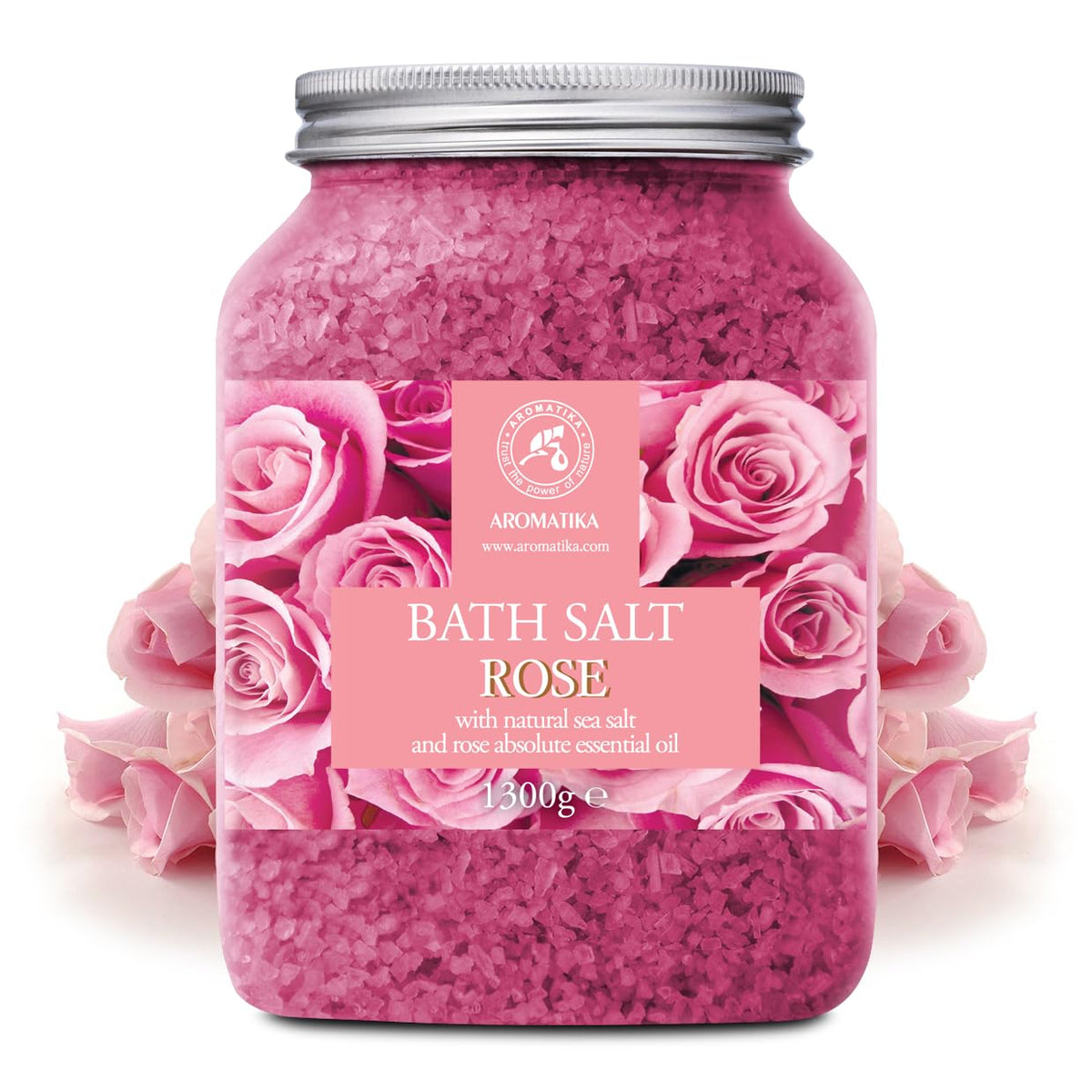 Aromatika rose bath salt crystals in a glass container