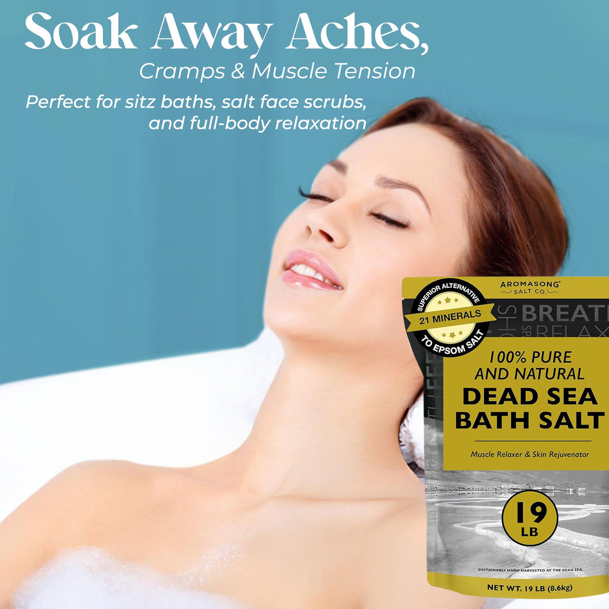 Aromasong Dead Sea Salt being poured into a warm bath