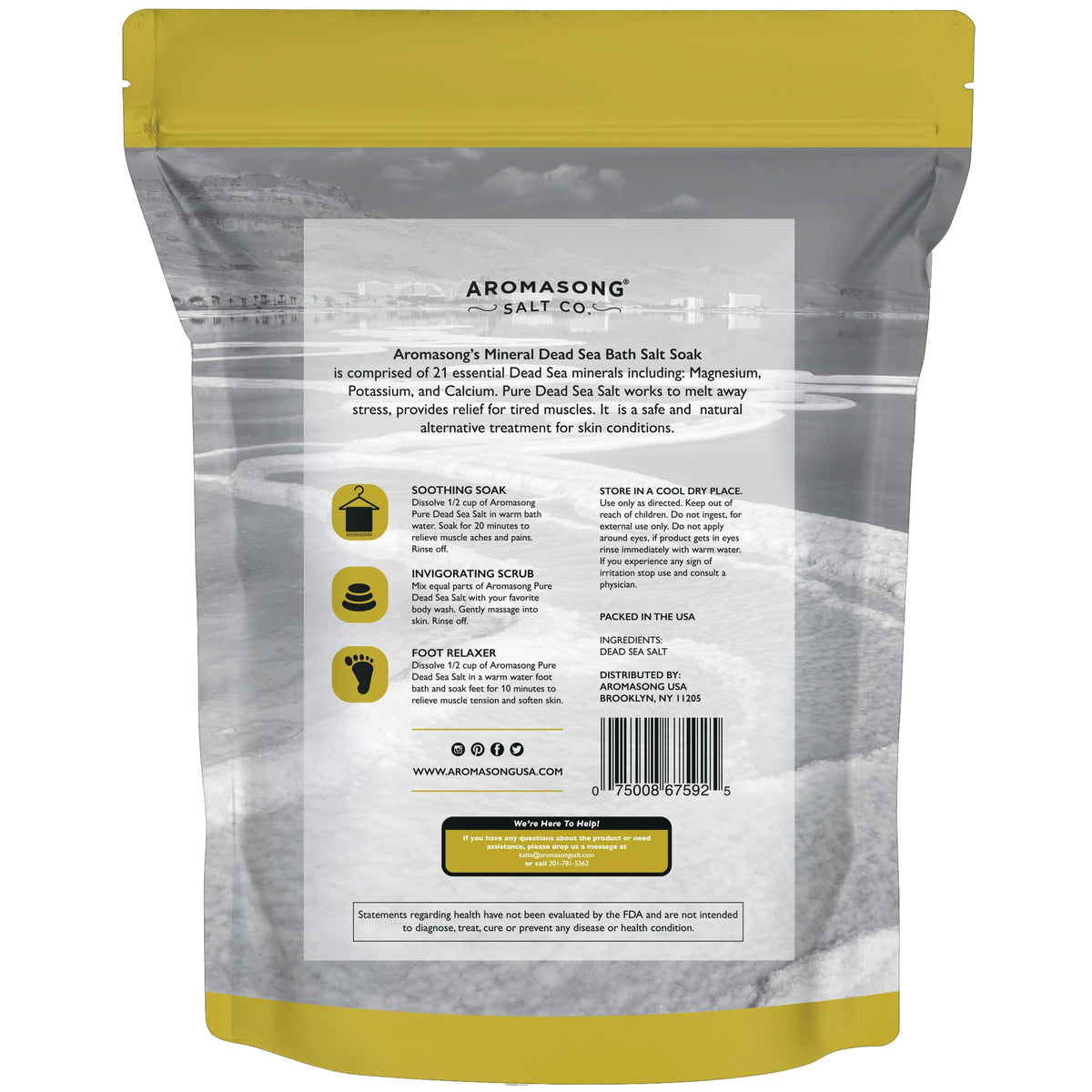 Authentic USA imported Aromasong Dead Sea Salt product label
