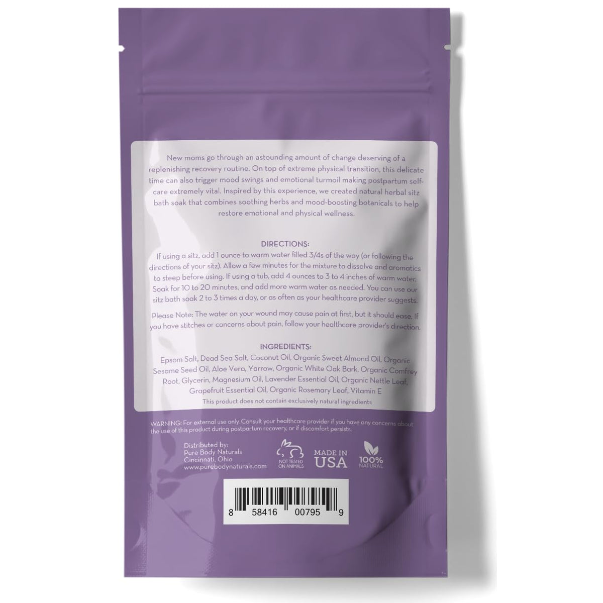 Pure Body Naturals sitz bath salt usage instructions label