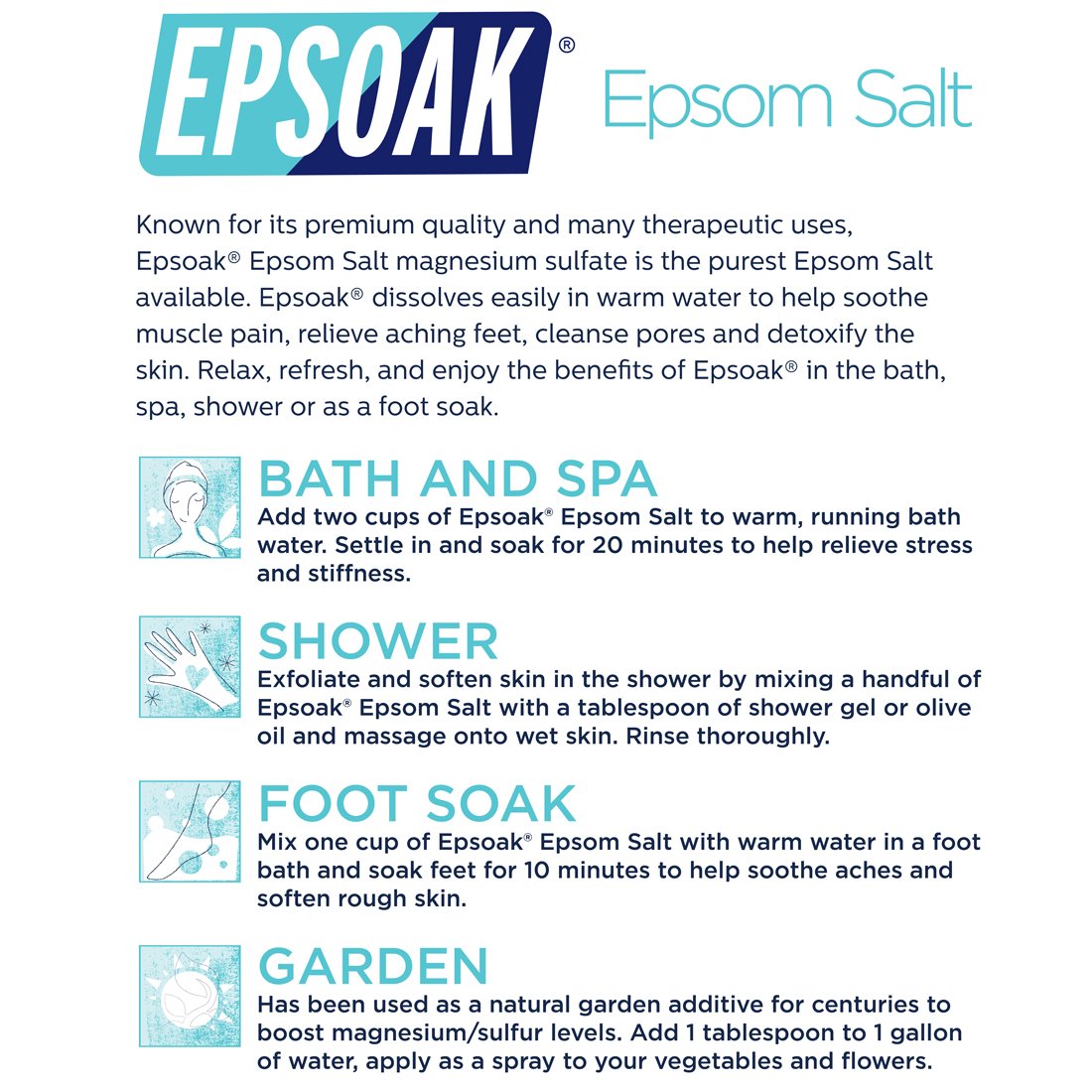 Epsoak pure USP grade salt crystals in a bowl