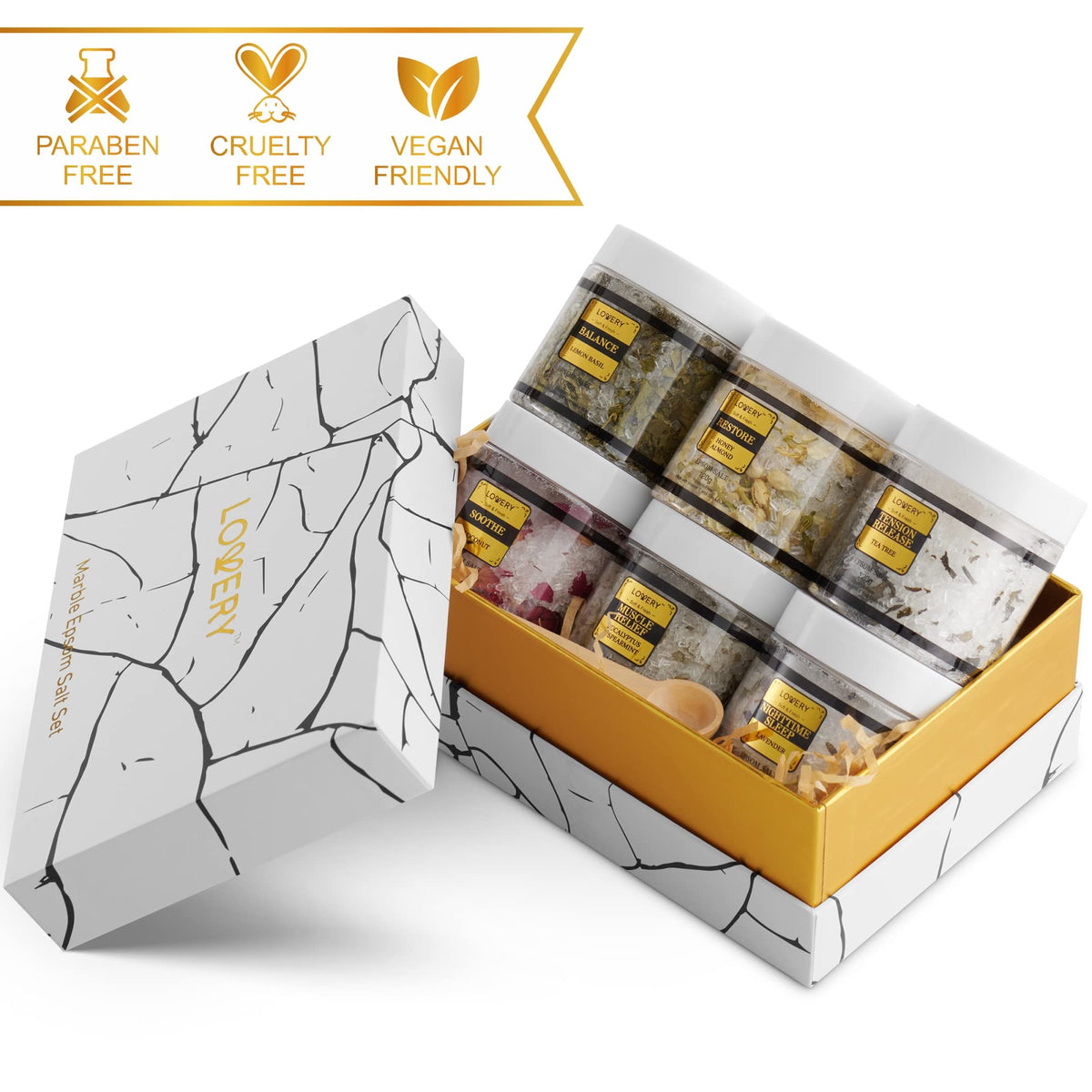 Six piece luxury self-care collection unboxed showcasing the variety of natural herbal scents for body care.