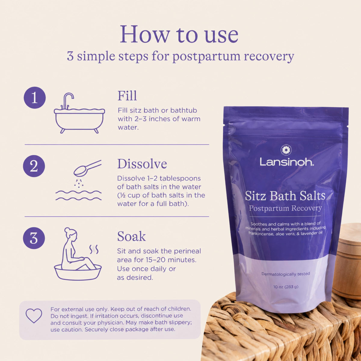 Lansinoh perineal soak ingredients list on packaging