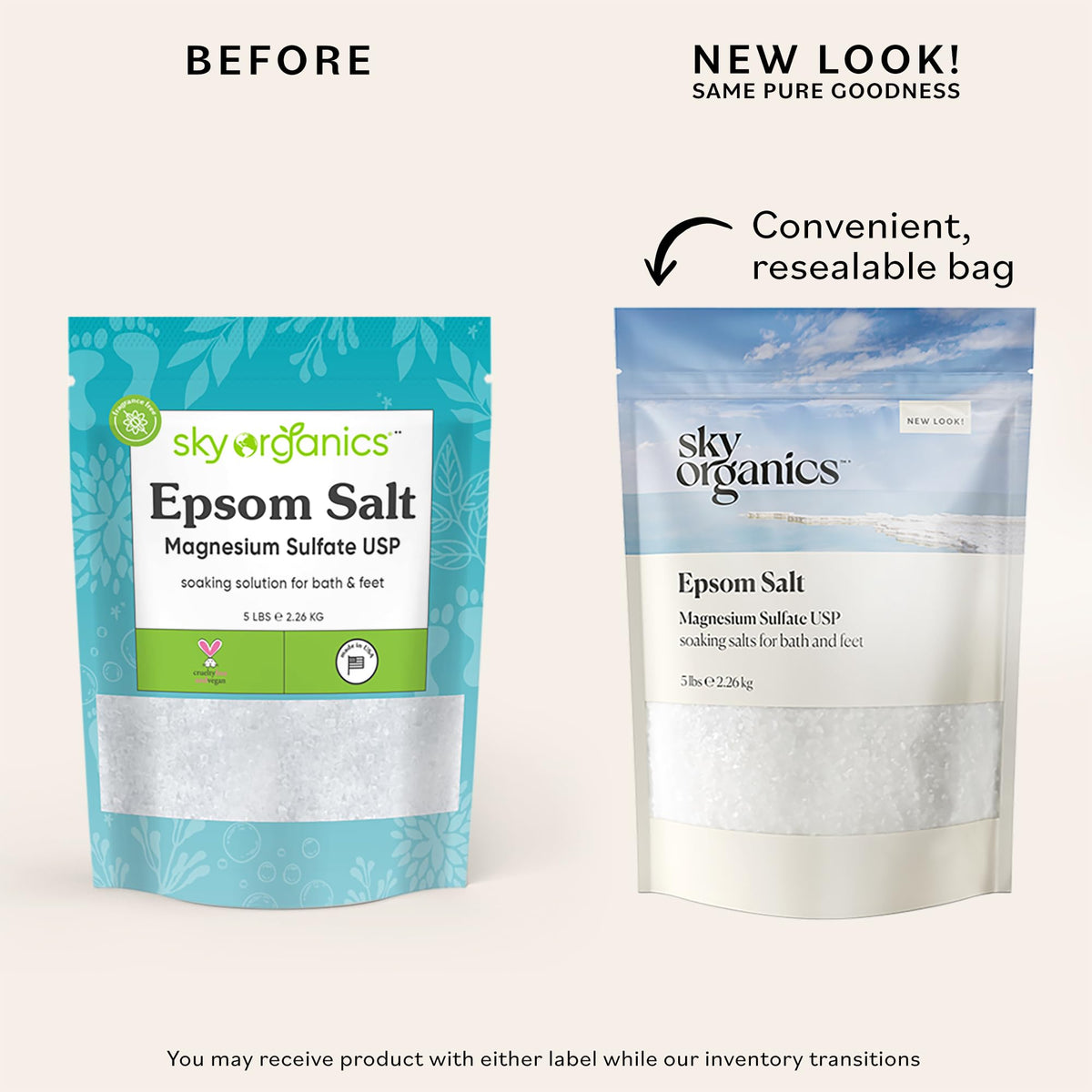 Sky Organics Epsom Salt bag showing medium grain texture