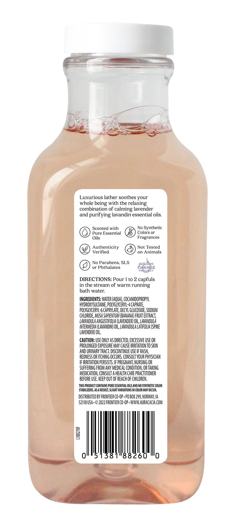 Close up of Aura Cacia lavender bubble bath label