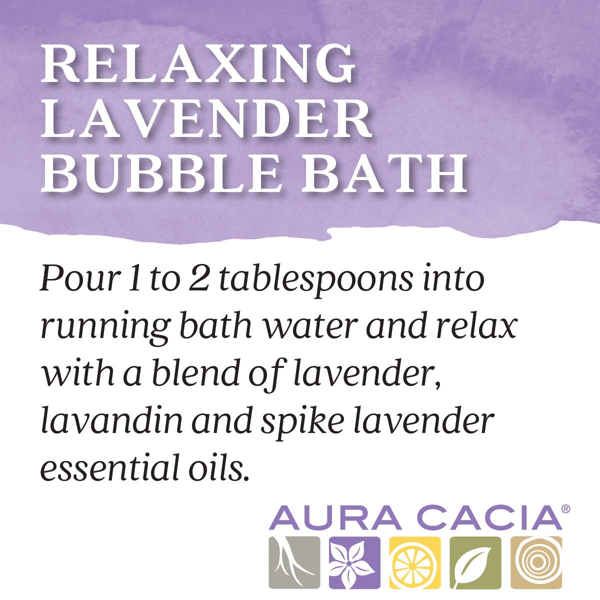 Aura Cacia 13 fluid ounce lavender bubble bath bottle side profile