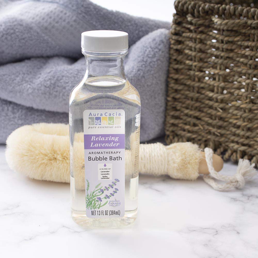 Back label of Aura Cacia Relaxing Lavender Bubble Bath ingredients