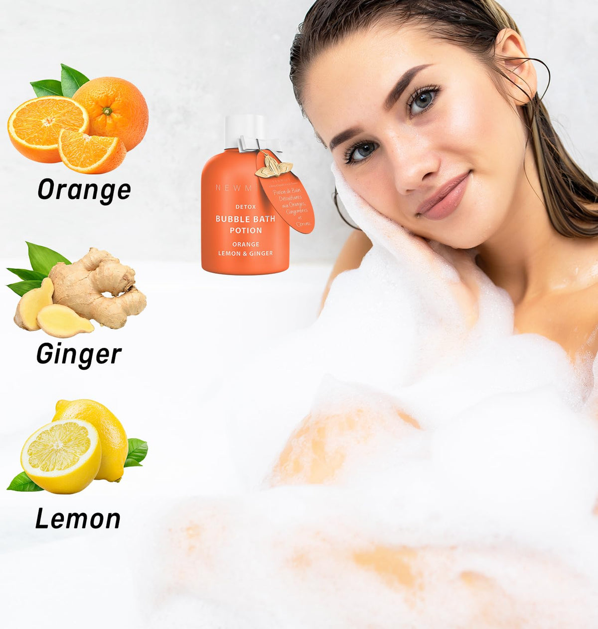 Luxurious spa relaxation bubble bath in a vibrant bottle