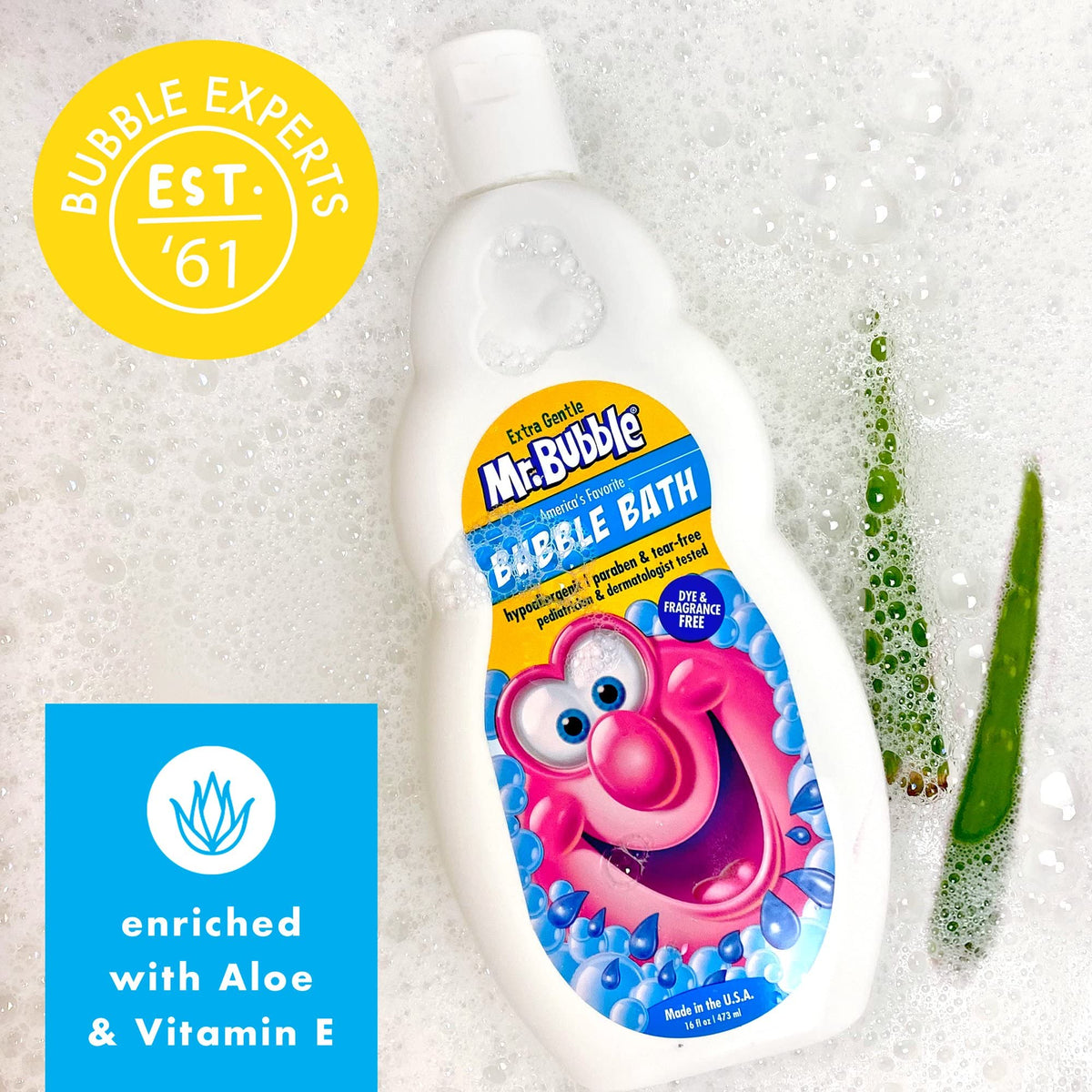 Close up of Mr. Bubble Bath Extra Gentle hypoallergenic label