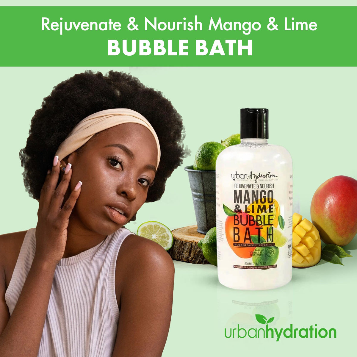 Urban Hydration Mango and Lime bottle next to fresh fruit