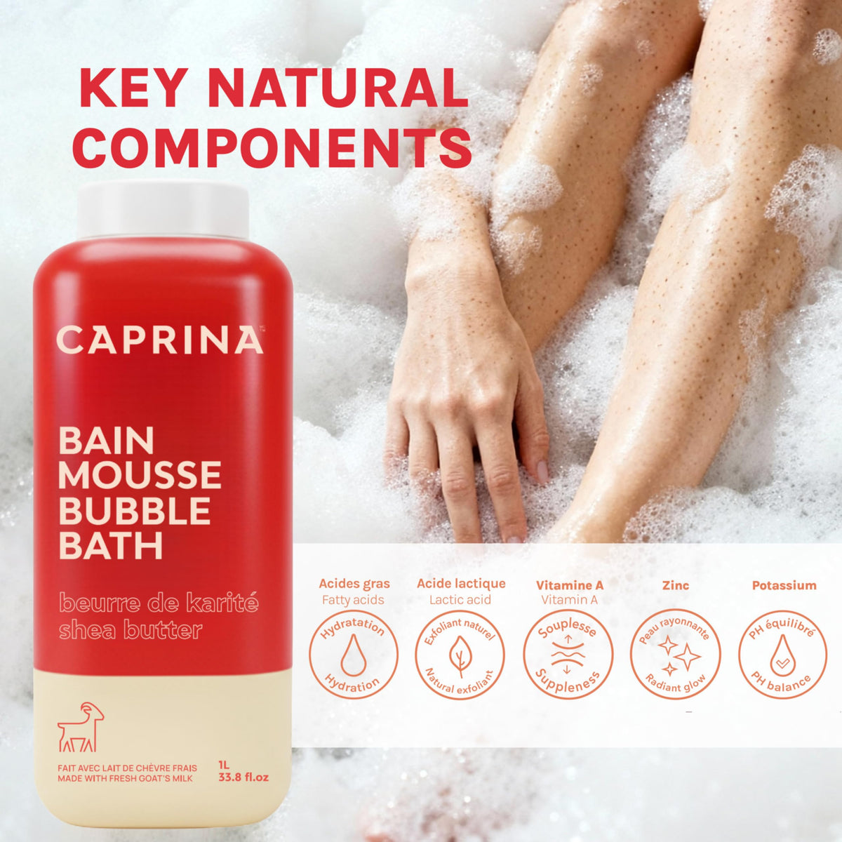 Caprina bubble bath rich foaming texture showing creamy lather