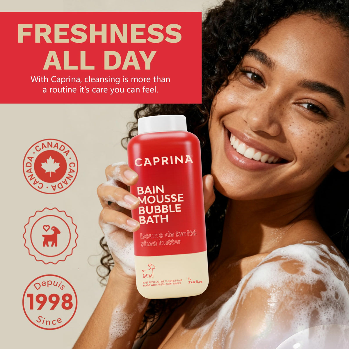 Back label of Caprina 1L bubble bath showing ingredient list