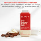 Caprina hydrating bubble bath bottle placed in a bathroom setting