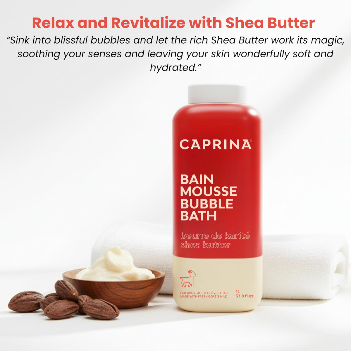 Caprina hydrating bubble bath bottle placed in a bathroom setting
