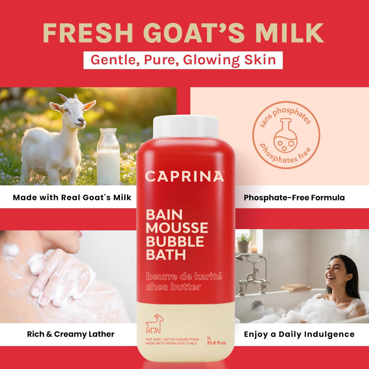 Side profile of Caprina 1 Liter moisturizing foam bath packaging