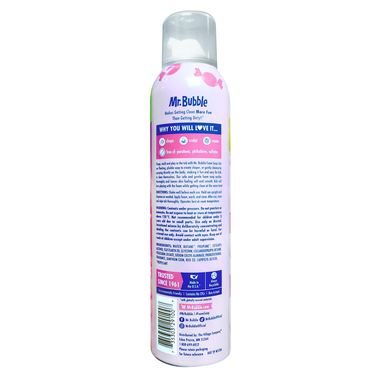 Mr. Bubble foam soap canisters showing the bubblegum scent label