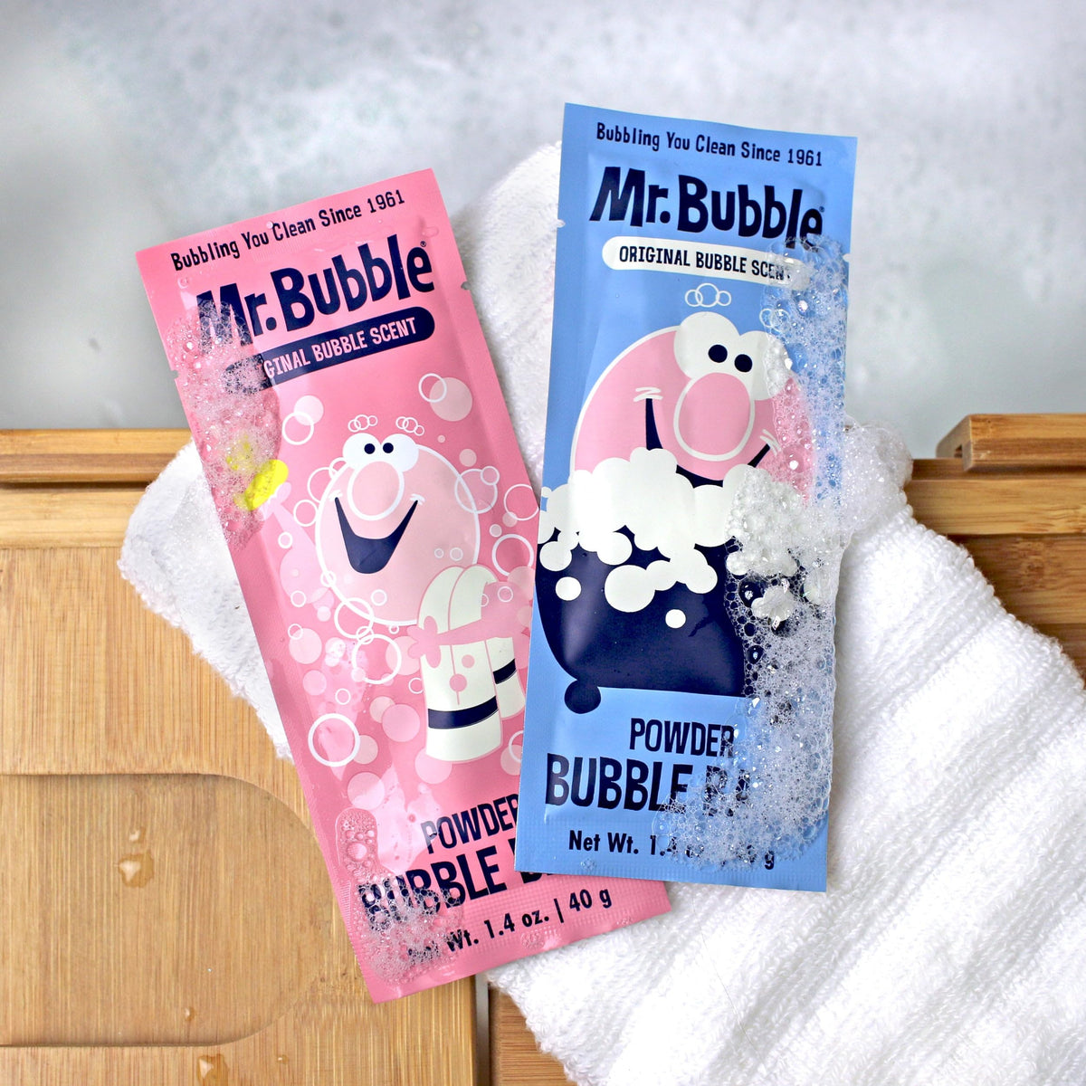 Mr. Bubble bath powder packet with original retro branding
