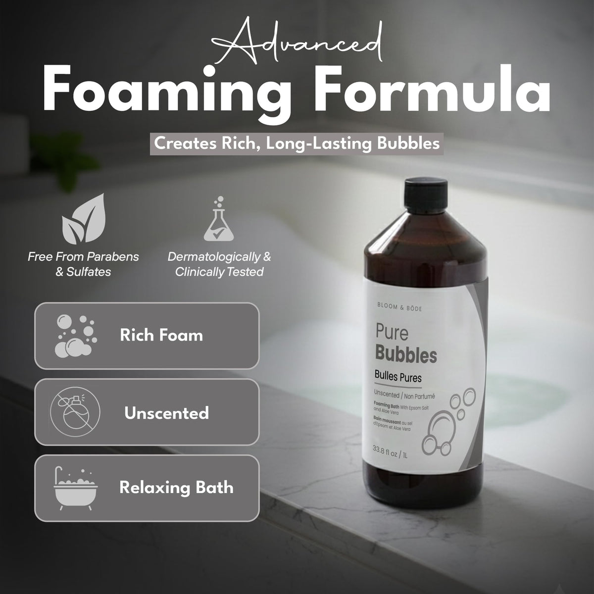 Bloom & Bōde plant-based bubble bath bottle branding