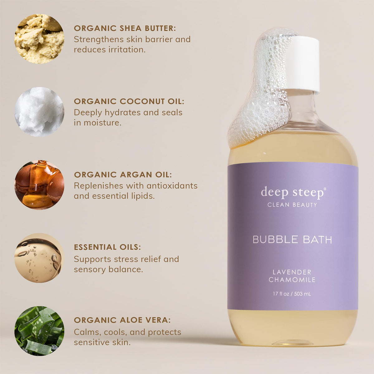 Deep Steep bubble bath packaging highlighting shea butter and argan oil