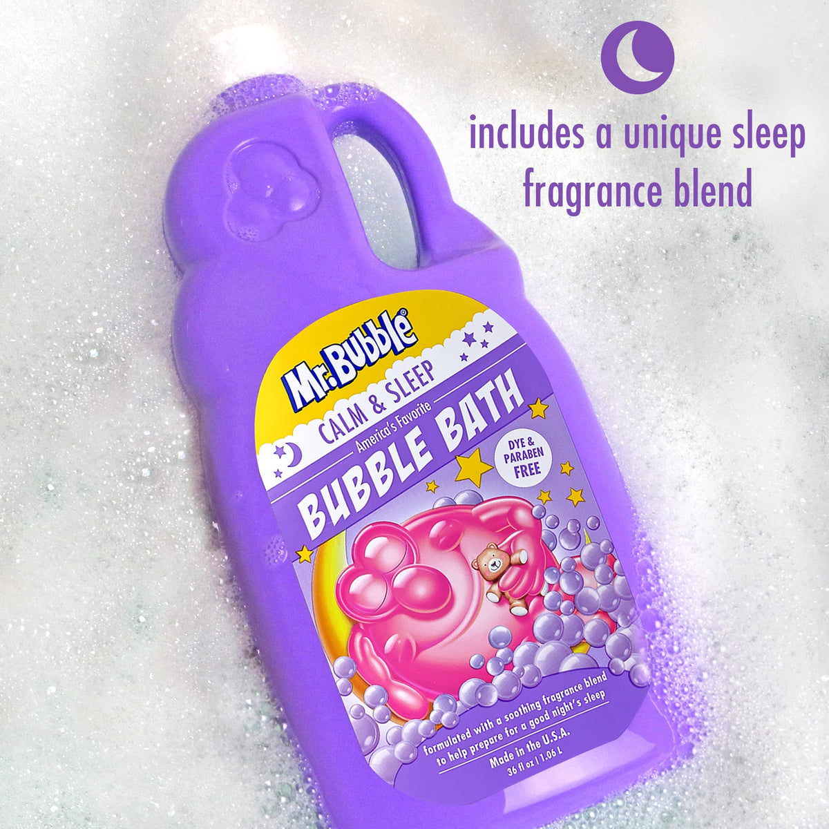 Side view of Mr. Bubble Calm and Sleep bottles displaying ingredient information