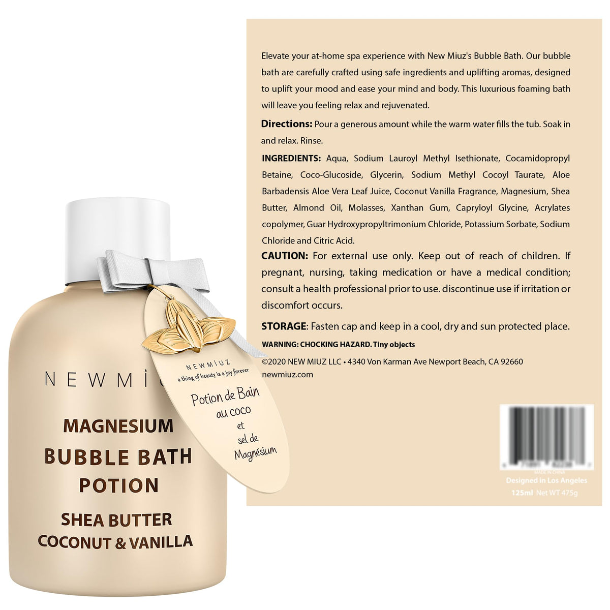 Close up of spa-inspired New Miuz bubble bath bottle