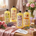 Four bottles of Serenity Sanctuary foaming bath and shower gel collection