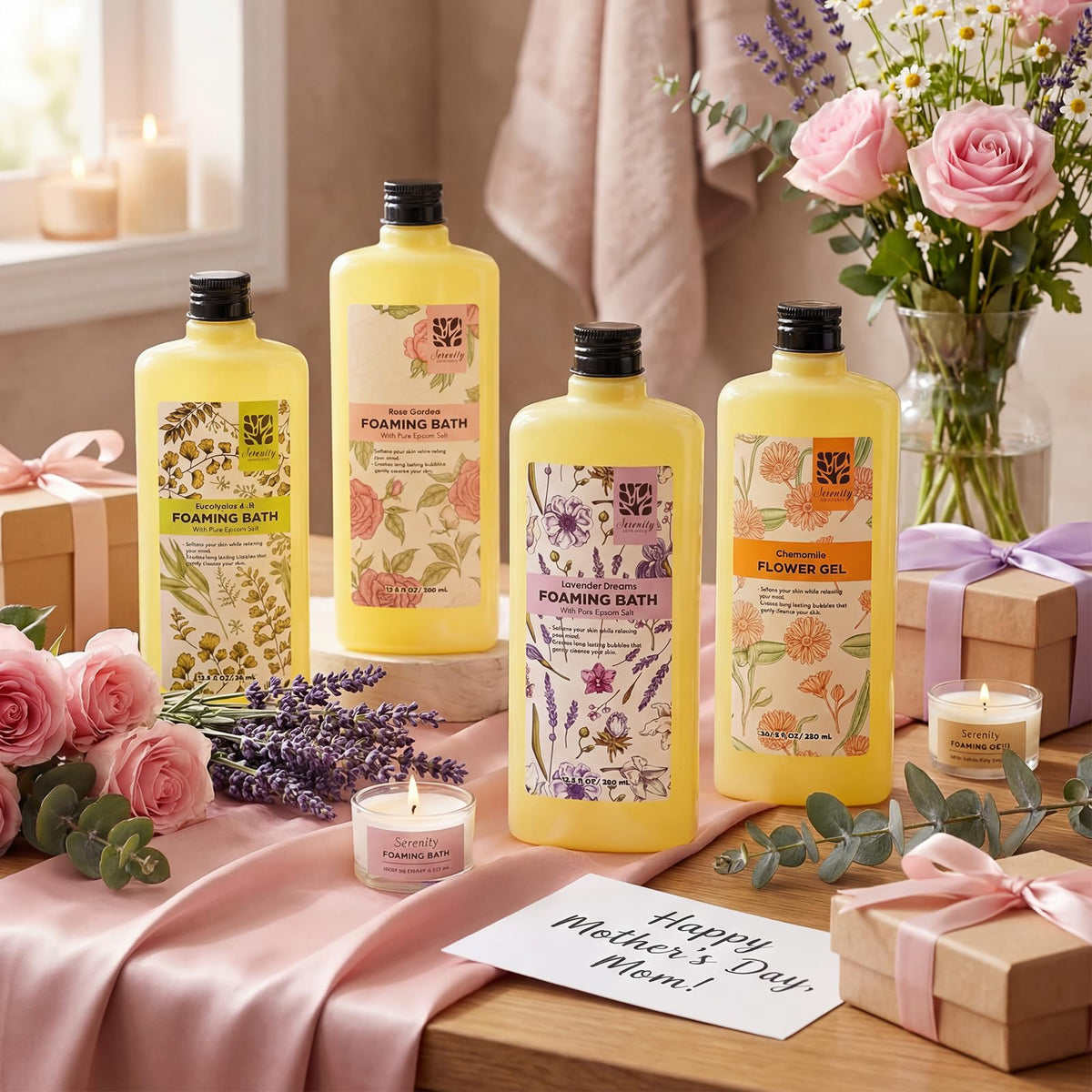 Four bottles of Serenity Sanctuary foaming bath and shower gel collection