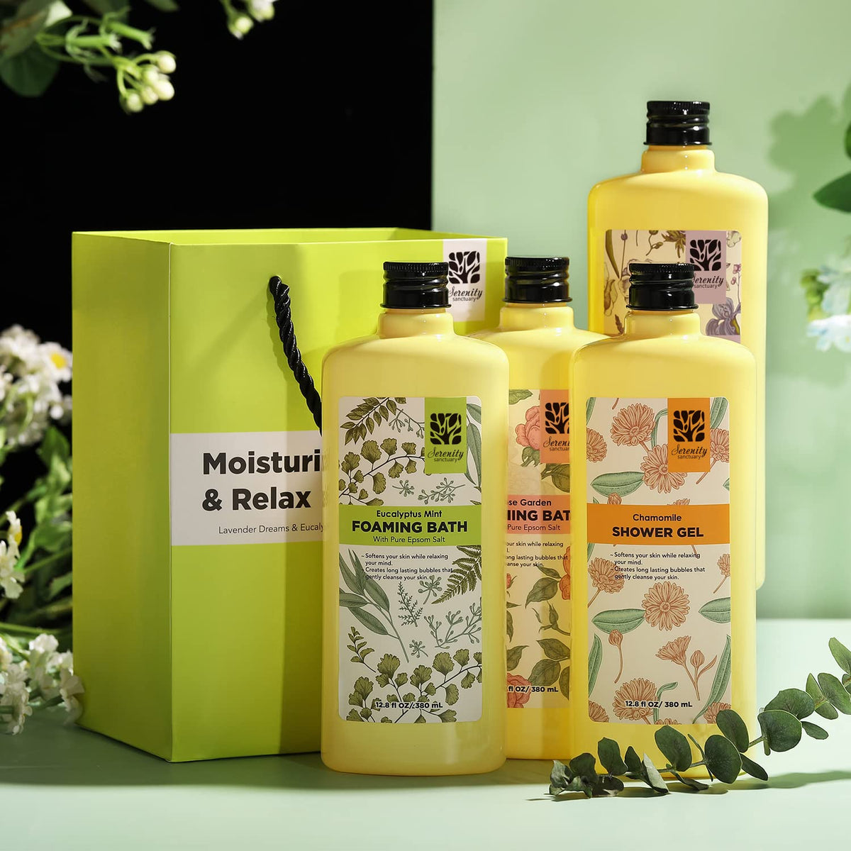 Serenity Sanctuary bath set with botanical illustration packaging