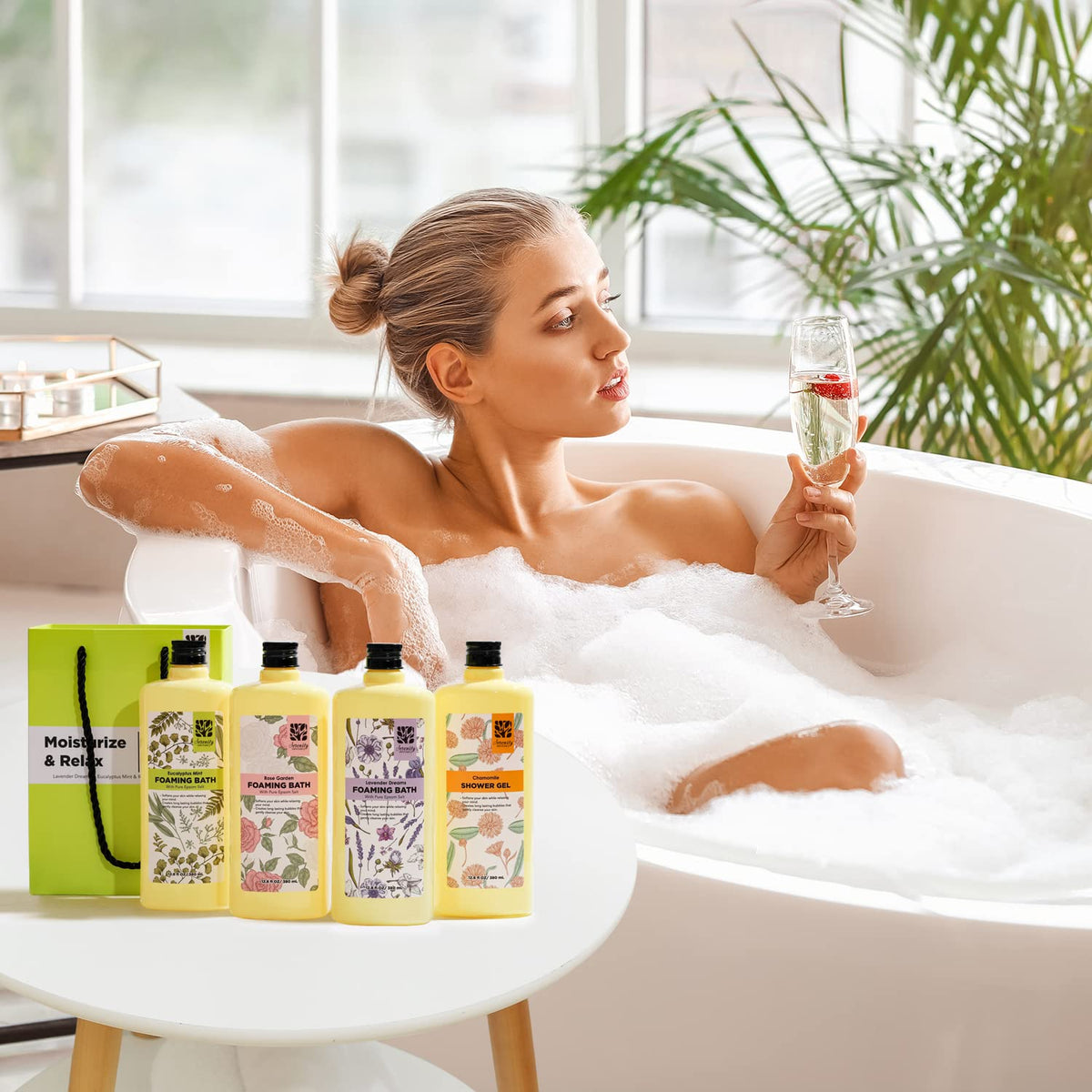 Scent variety labels on Serenity Sanctuary foaming bath bottles