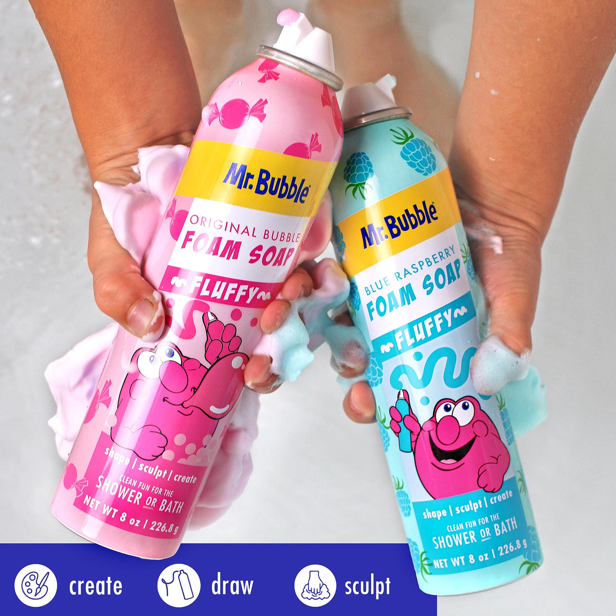 Mr. Bubble foam soap cans for bath play