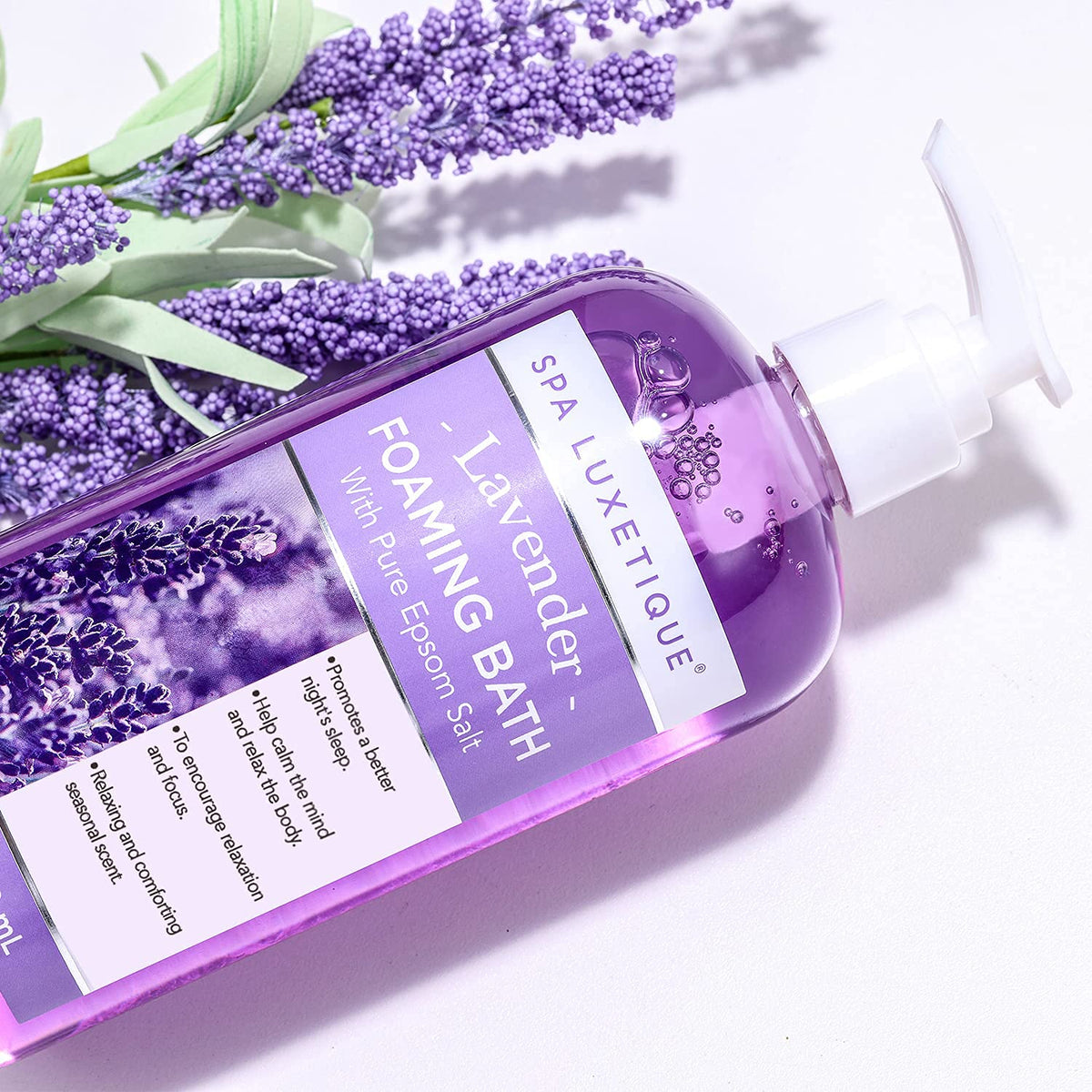 Spa Luxetique lavender foaming bath bottle close up