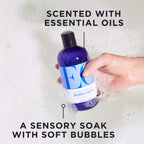 EO bubble bath bottle showing essential oil ingredients