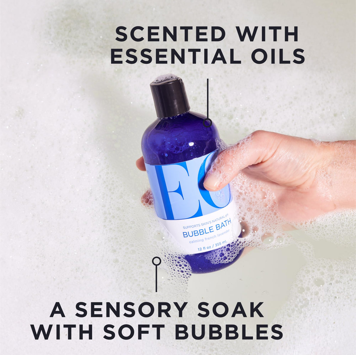 EO bubble bath bottle showing essential oil ingredients