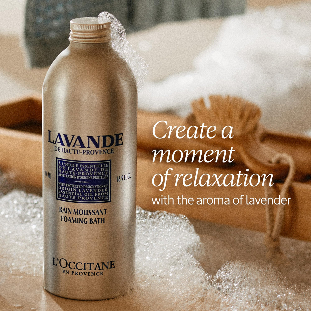 L'Occitane Lavender Foaming Bath silver aluminum bottle packaging