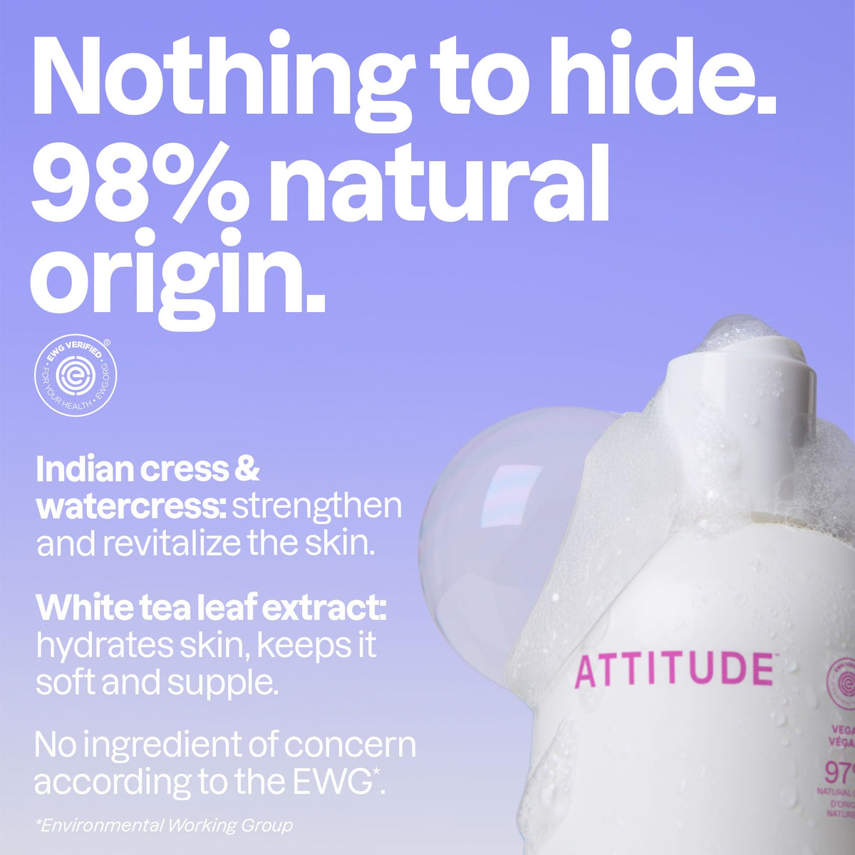 Close up of Attitude plant-based bubble bath label