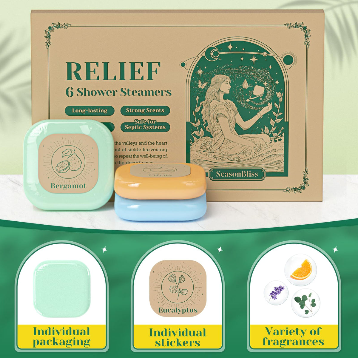SeasonBliss self care shower bombs set displaying six different colored tablets