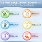 TranquilBliss shower tablets individually wrapped in foil showcasing the six different essential oil scents.