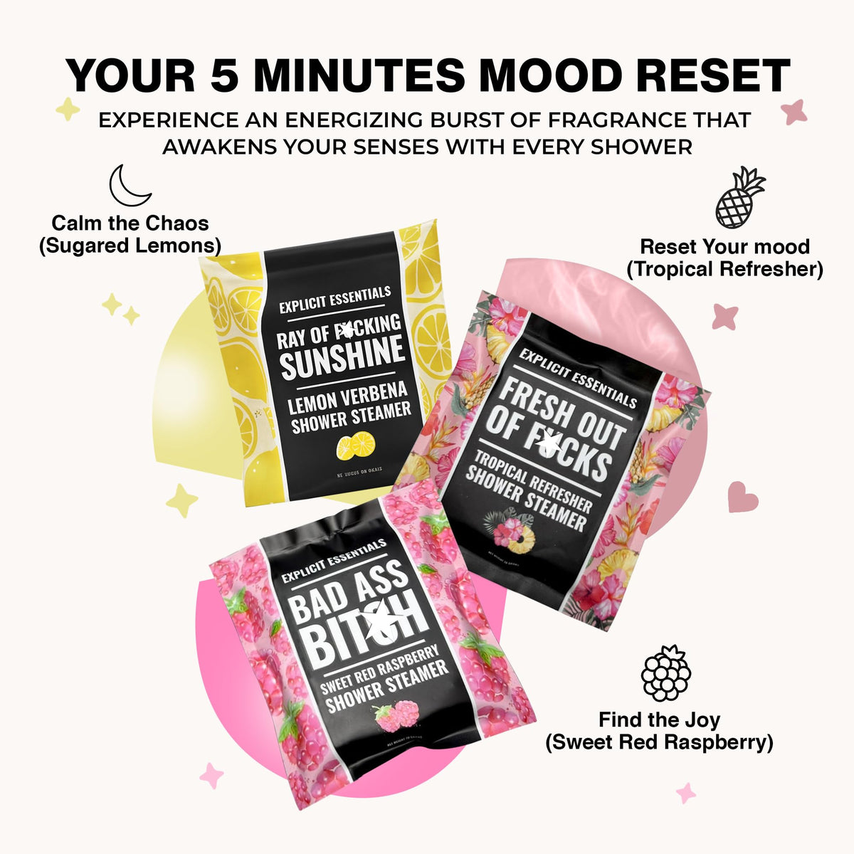 Explicit Essentials energizing shower pucks in Tropical Refresher Lemon Verbena and Sweet Red Raspberry variants.