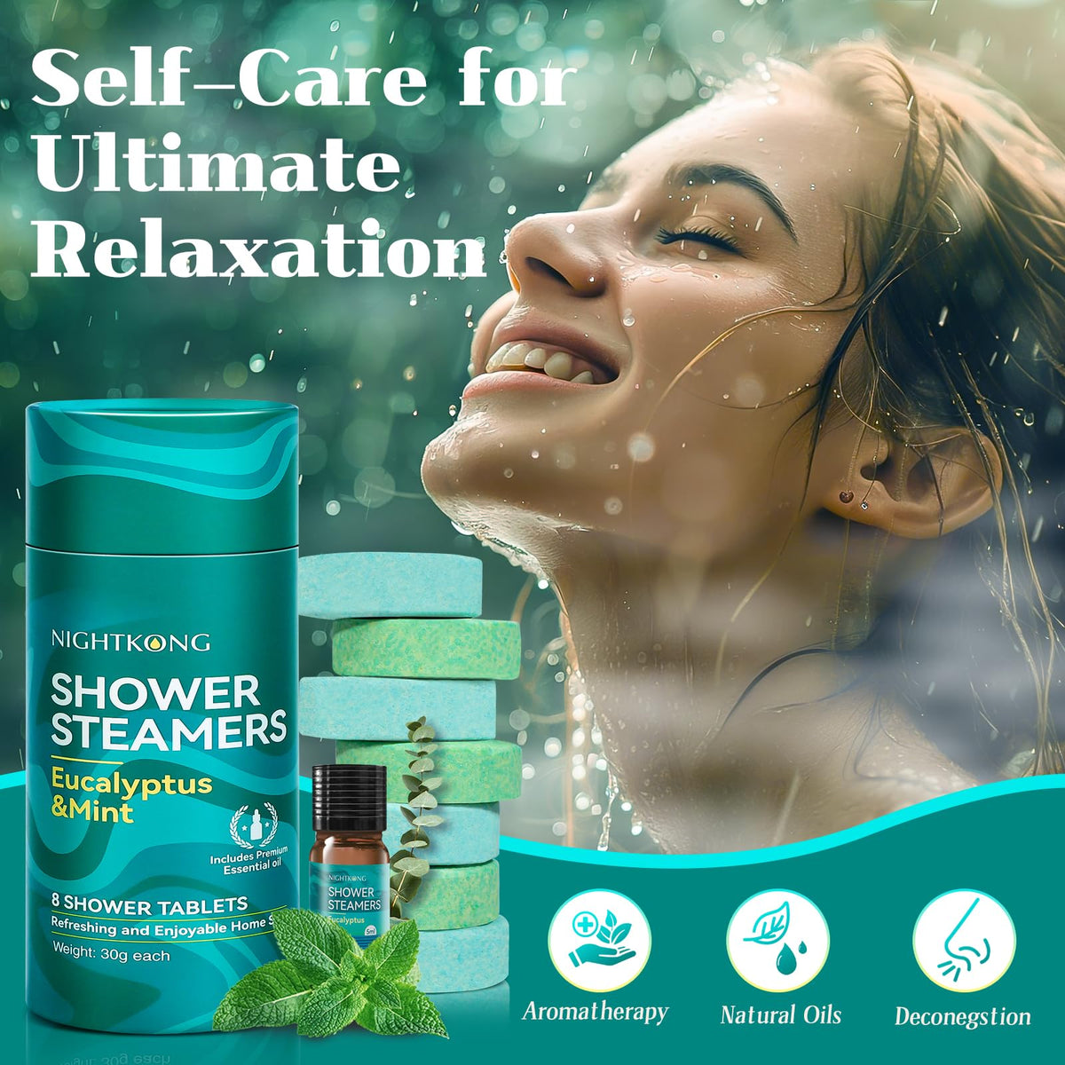 NightKong home spa relaxation set containing eight individually wrapped shower steamers for men and women.