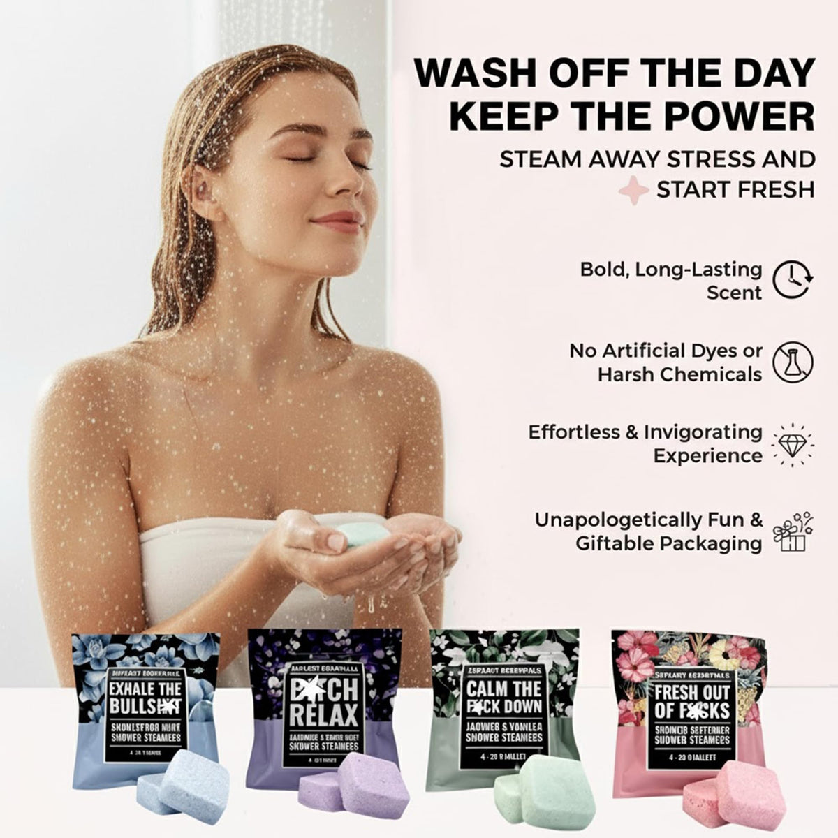 Explicit Essentials four pack handmade self care shower steamers placed neatly next to bathroom accessories highlighting premium quality