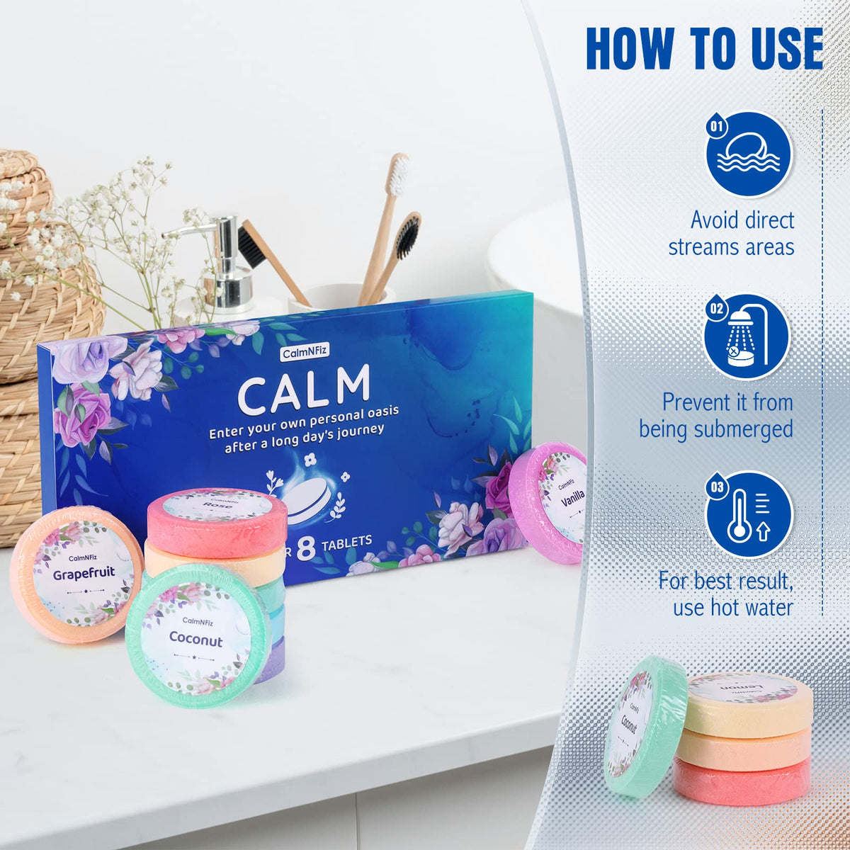 Luxury blue wellness gift box containing eight relaxation shower steamers for men and women