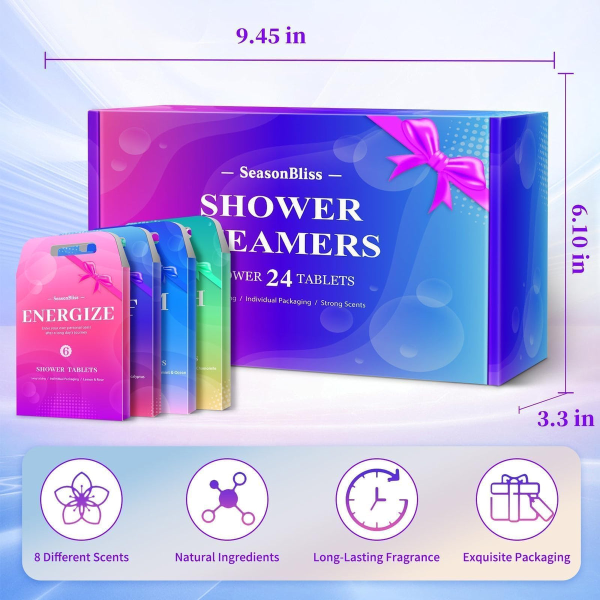 SeasonBliss shower tablets in Energize and Relief themed variety boxes for self care.