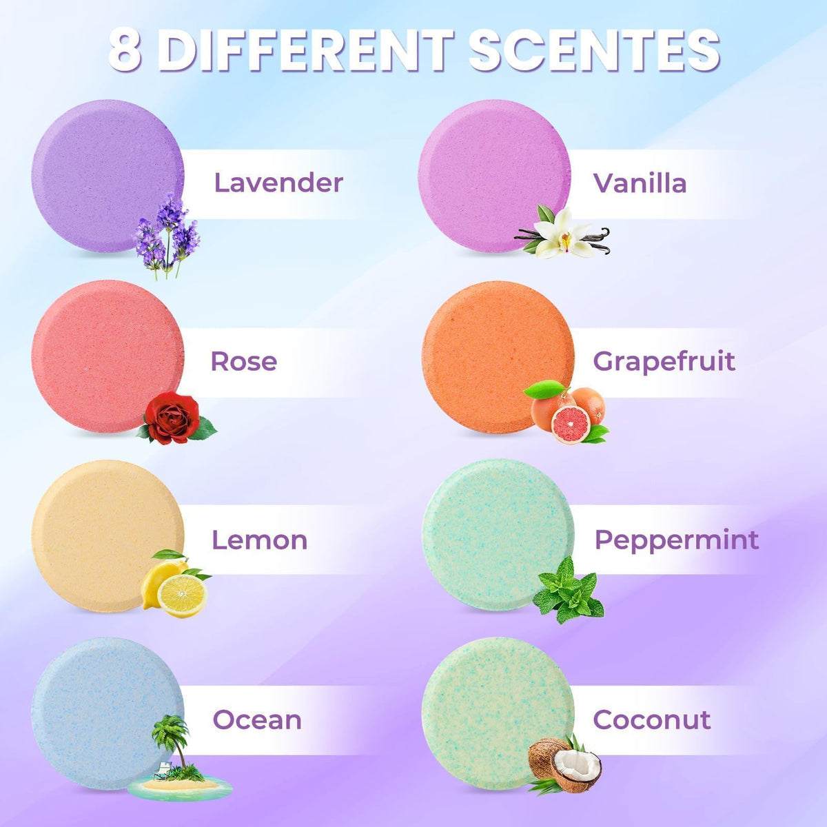 CalmNFiz organic essential oil shower tablets individually wrapped in Lavender Lemon and Peppermint fragrances.