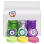 Purple white and green color coordinated shower steamers for stress relief