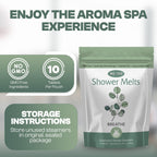 Premium eucalyptus aromatherapy shower steamers displayed next to fresh green leaves.