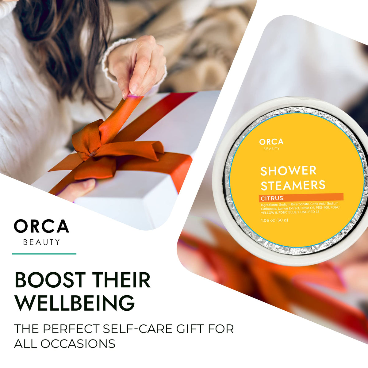 Relaxation spa gift packaging of Orca Beauty shower bombs for men and women
