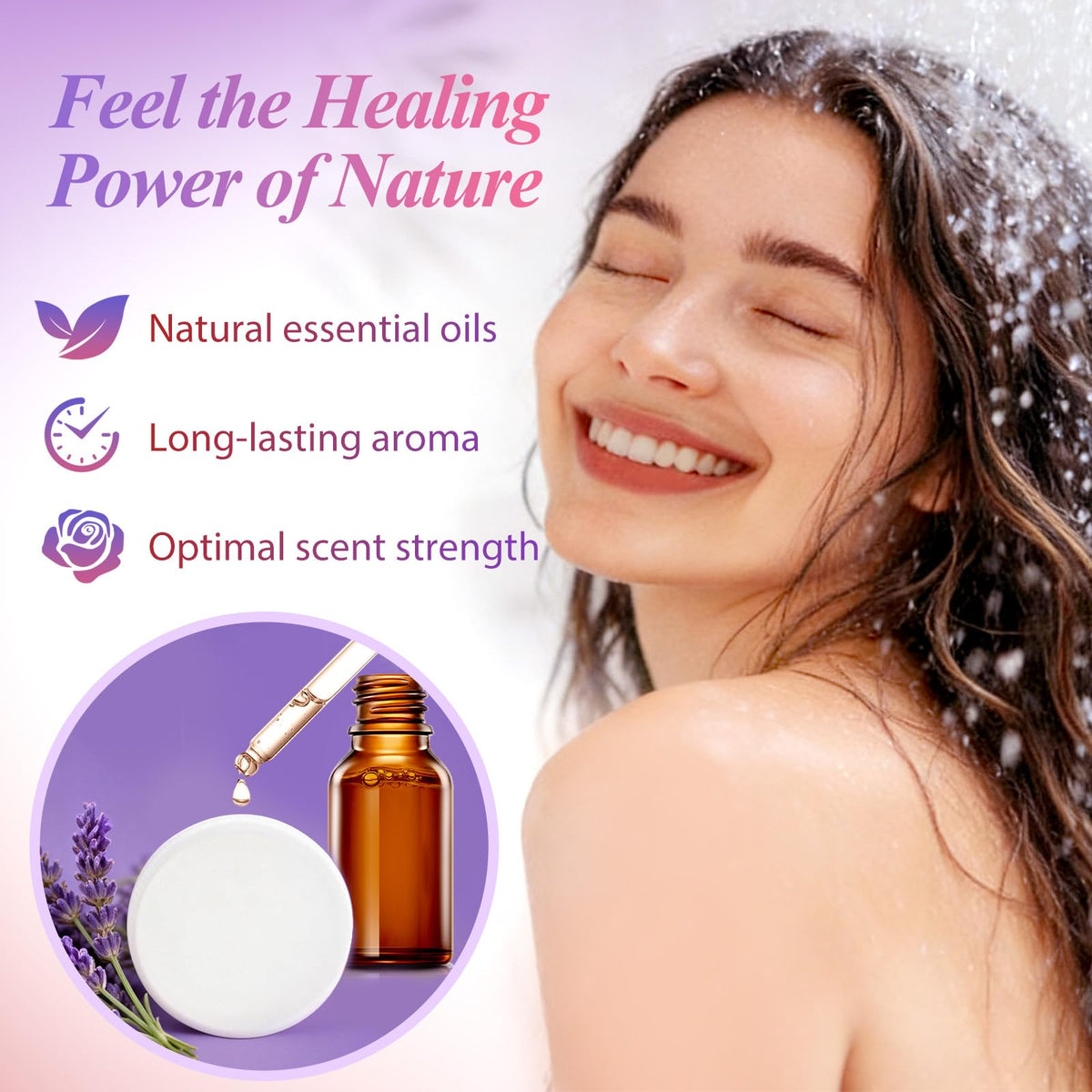 Organic essential oil shower bombs individual pouch packaging close up